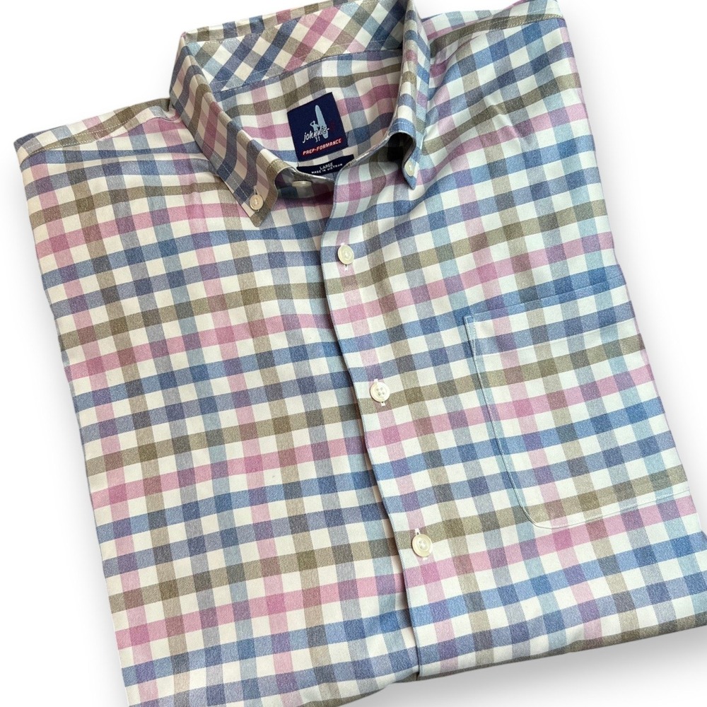 Johnnie-O Prep-Formance Mens Large Blue Pink Gingham Check Button Down Shirt